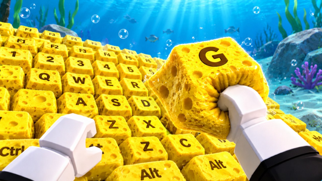 First-person view grabbing a sponge G key on the underwater keyboard in +1 Speed Keyboard Escape Underwater